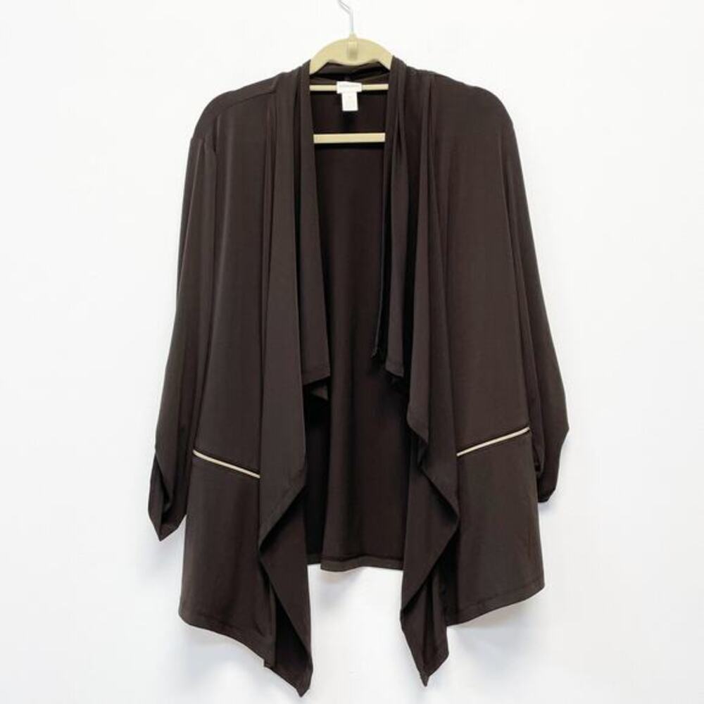 Chico's Womens 2 Brown Roll Tab Sleeve‎ Draped Neckline Hi Low Hem Jacket